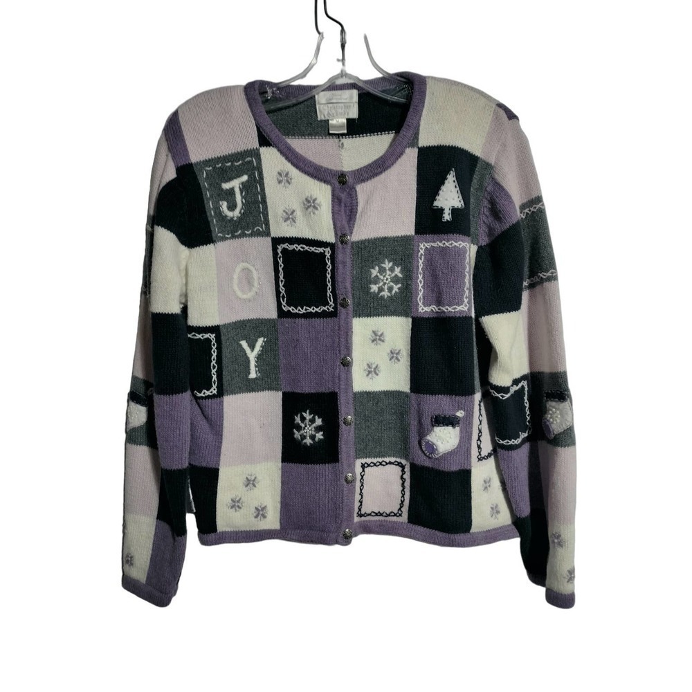 Christopher & Banks VINTAGE Embroidered Christmas Holiday Sweater purple WMN MED